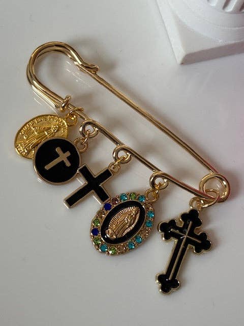 Broche ex voto croix et vierge noir