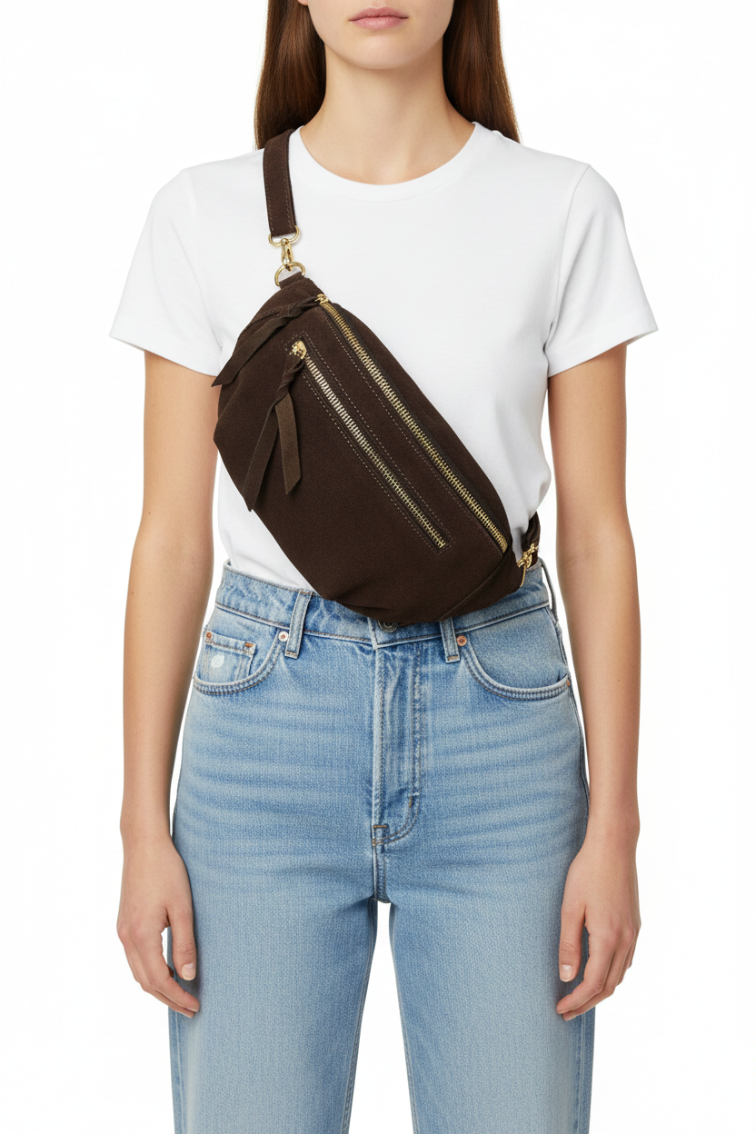 Sac banane double zip en cuir: Chocolat