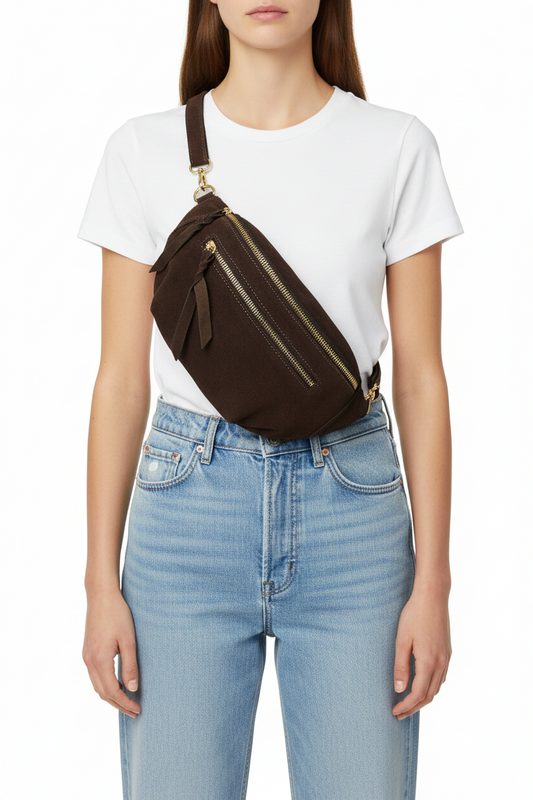Sac banane double zip en cuir: Chocolat – photo principale – Miss Cappuccino
