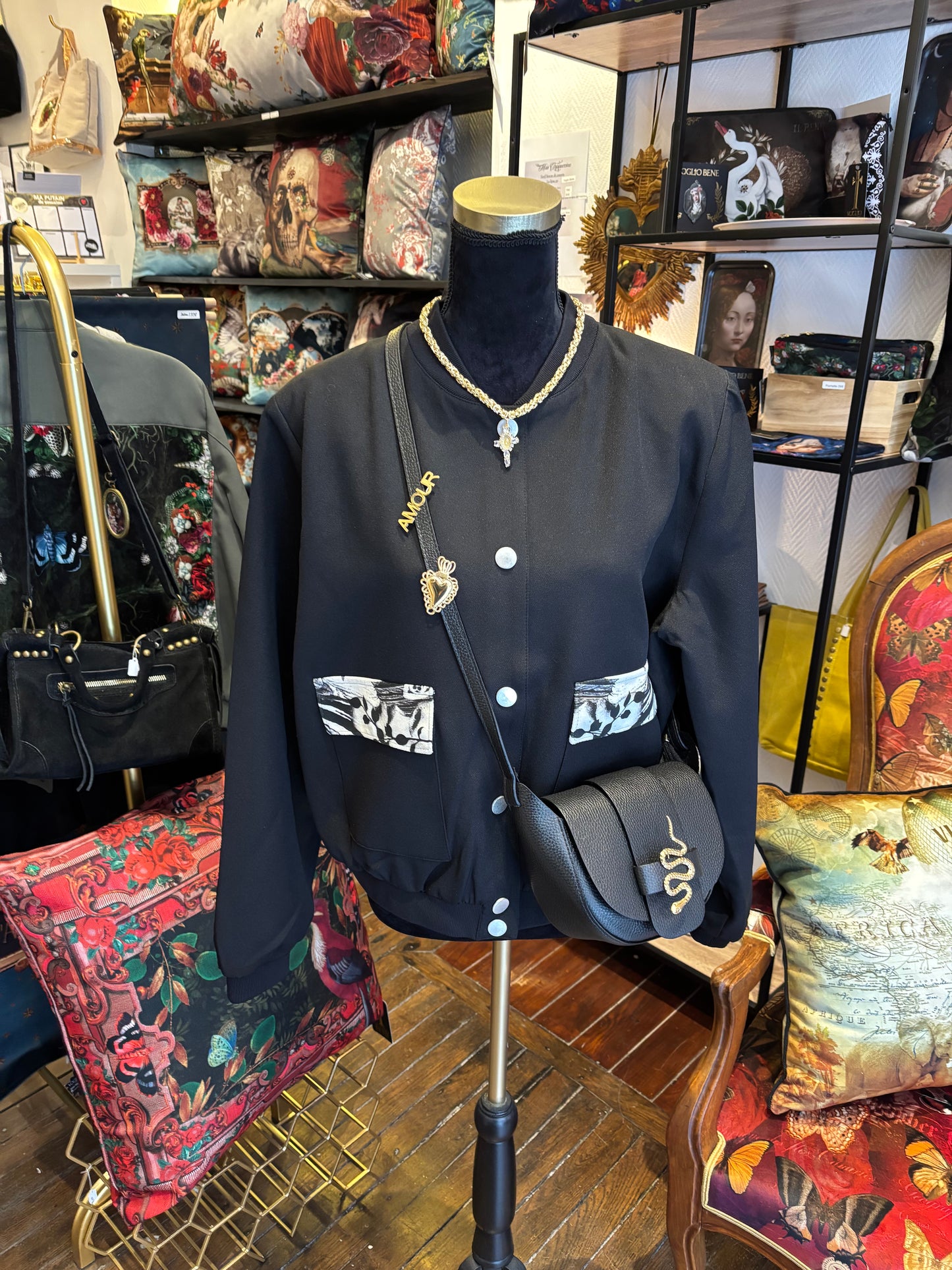 Veste bomber noire oversize – Pièce unique Miss Cappuccino x Voglio Bene