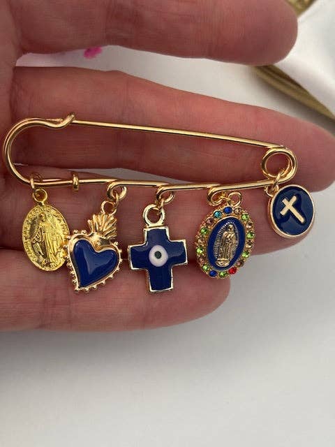Ex voto brooch, religious medal brooch, lucky charm safety pin brooch, handmade cross and miraculous virgin with love.