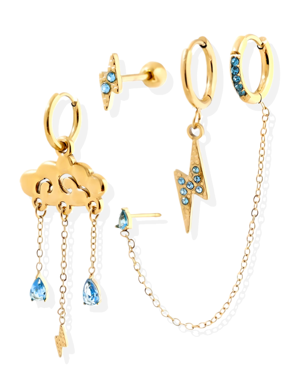 Ensemble de 4 Bijoux d’Oreilles Éclair Dorés en Acier Inoxydable