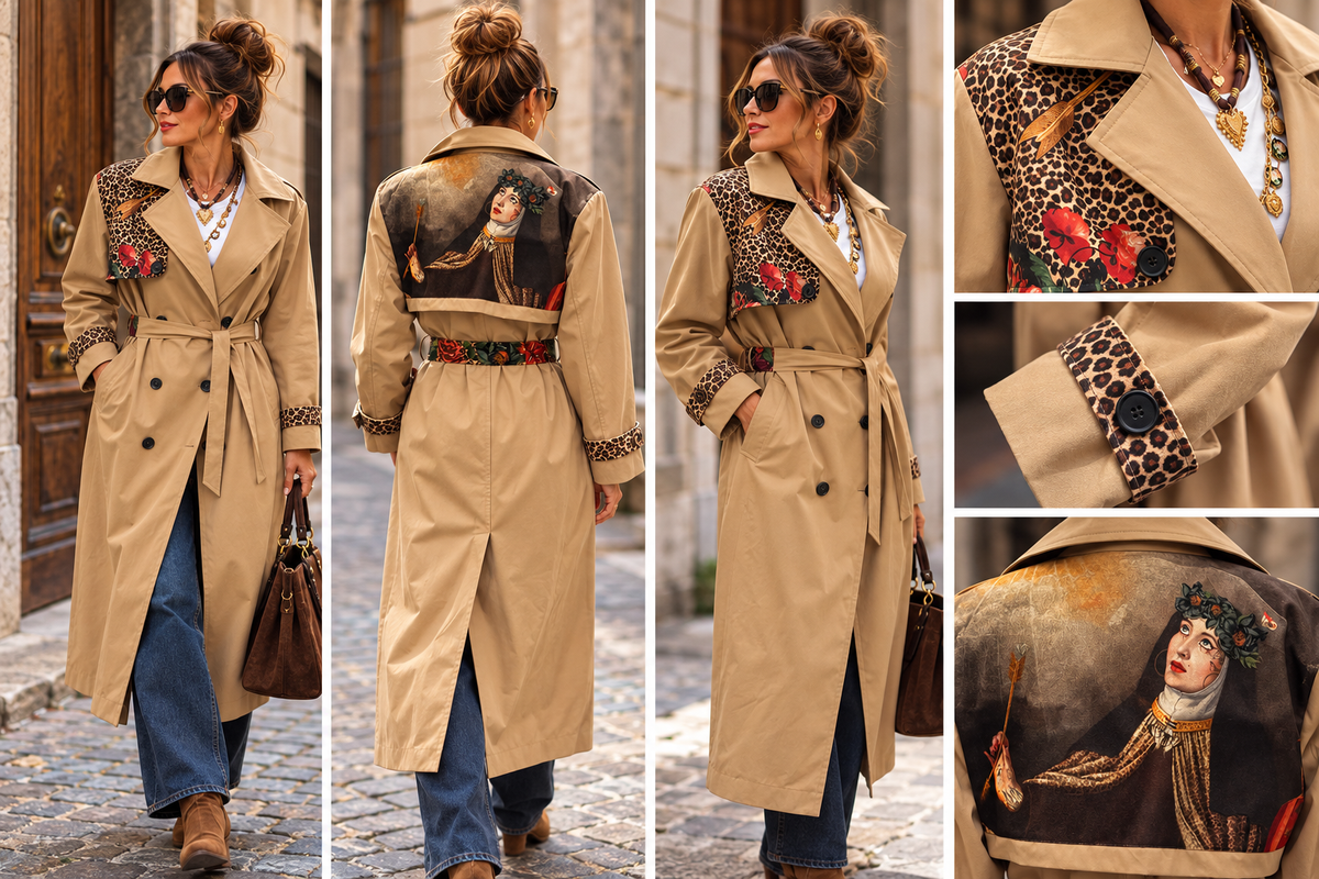 Trench personnalisé beige – tous les plans et détails