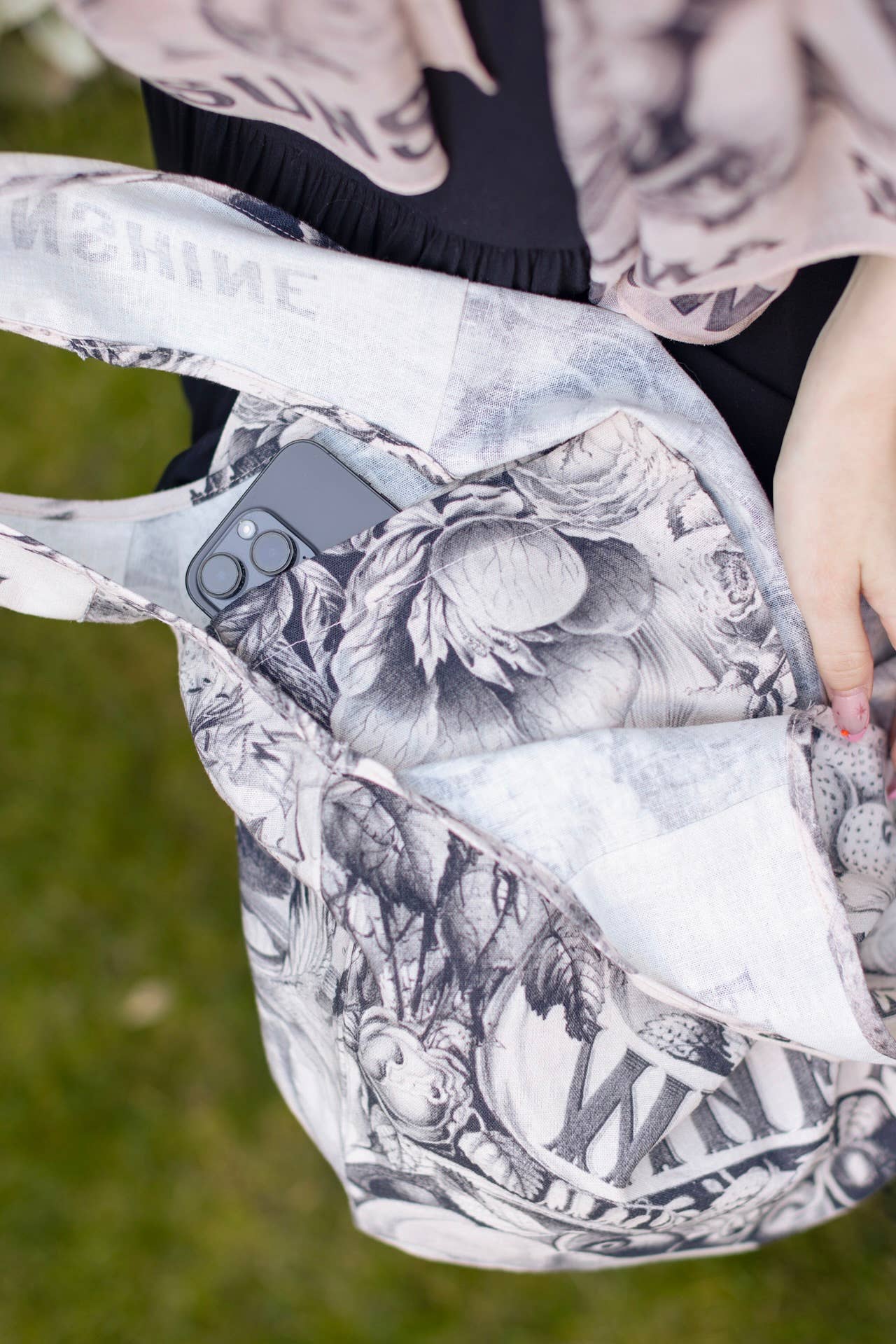 Sac fourre-tout en lin bohème floral Peace Wine & Sunshine, rose blush