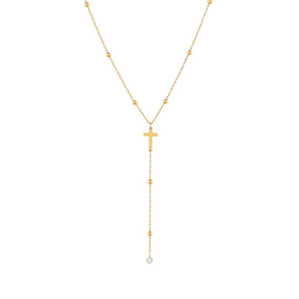 Collier ajustable en Y, croix et zircone, acier, or 18K PVD