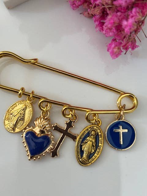 Broche ex voto médaille religieuse,bleu
