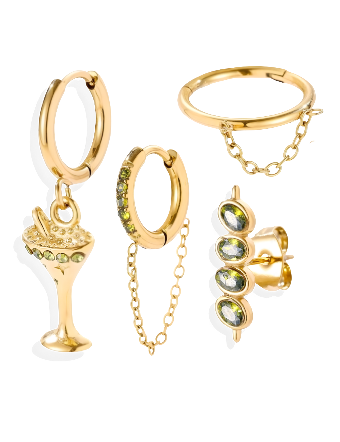 Ensemble de 4 Bijoux d’Oreilles Martini Dorés en Acier Inoxydable