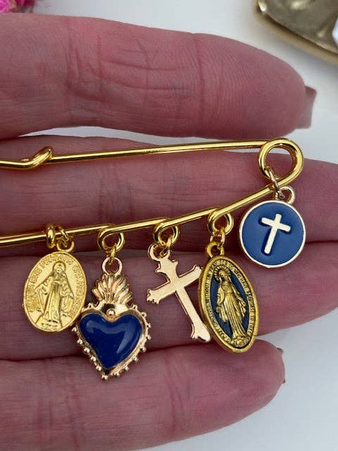 Broche ex voto médaille religieuse,bleu