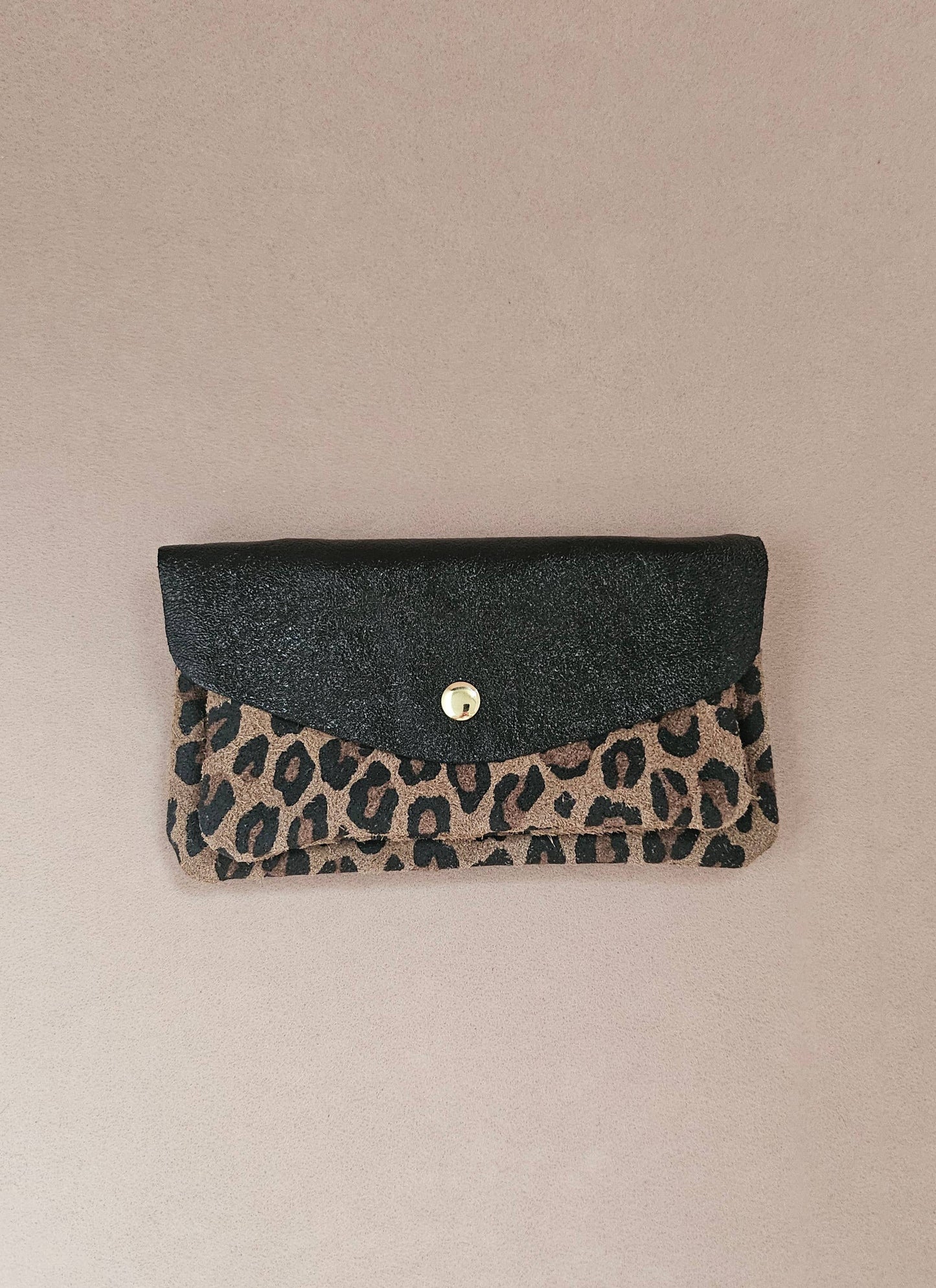 Pochette cuir double poches léopard: Taupe/léopard