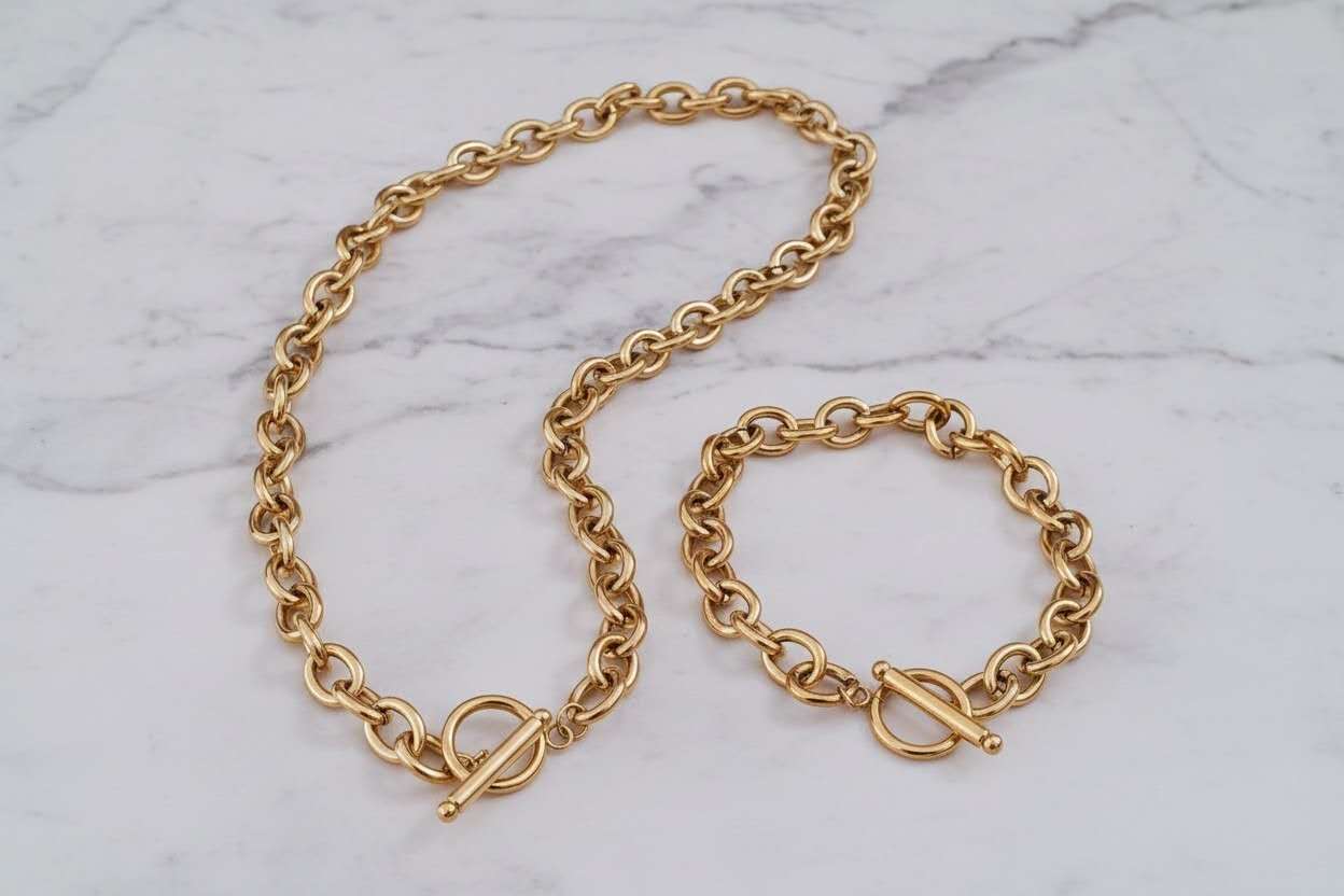Parure de bijoux chaîne épaisse à fermoir T-bar et bracelet en acier: Seulement le collier