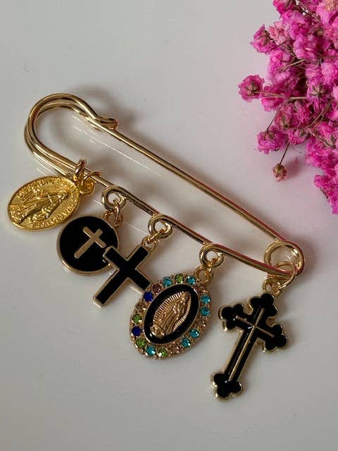 Broche ex voto croix et vierge noir