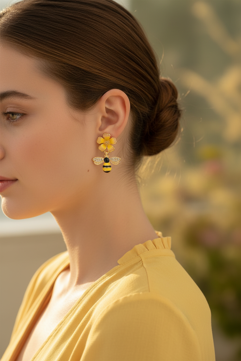 Boucles d'oreilles Abeille & Fleur – Émail Jaune & Cristaux Dorés – photo 2 – Miss Cappuccino