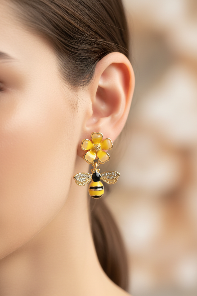 Boucles d'oreilles Abeille & Fleur – Émail Jaune & Cristaux Dorés – photo 4 – Miss Cappuccino