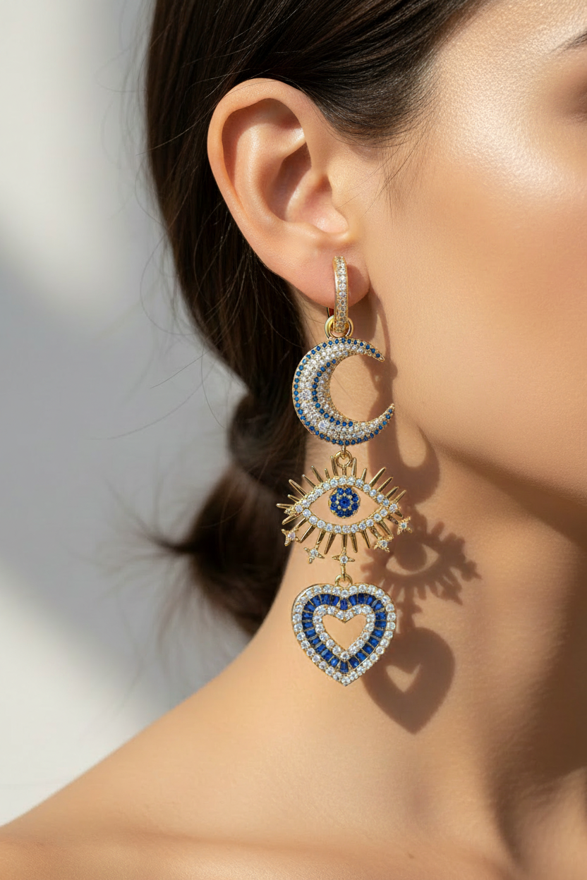Boucles d'oreilles Lune, Œil & Cœur – Créole Dorée & Cristaux CZ Bleu Saphir – photo principale – Miss Cappuccino