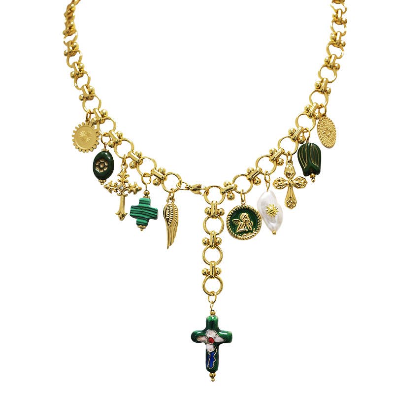 COLLIER EN Y RÉGLABLE AVEC BRELOQUES CROIX  Vert