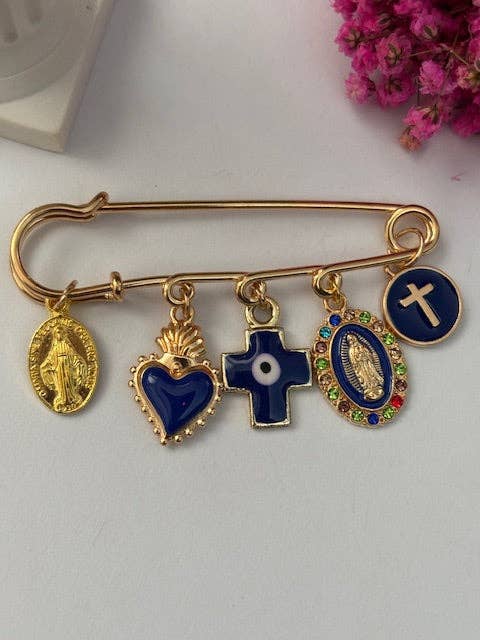 Ex voto brooch, religious medal brooch, lucky charm safety pin brooch, handmade cross and miraculous virgin with love.