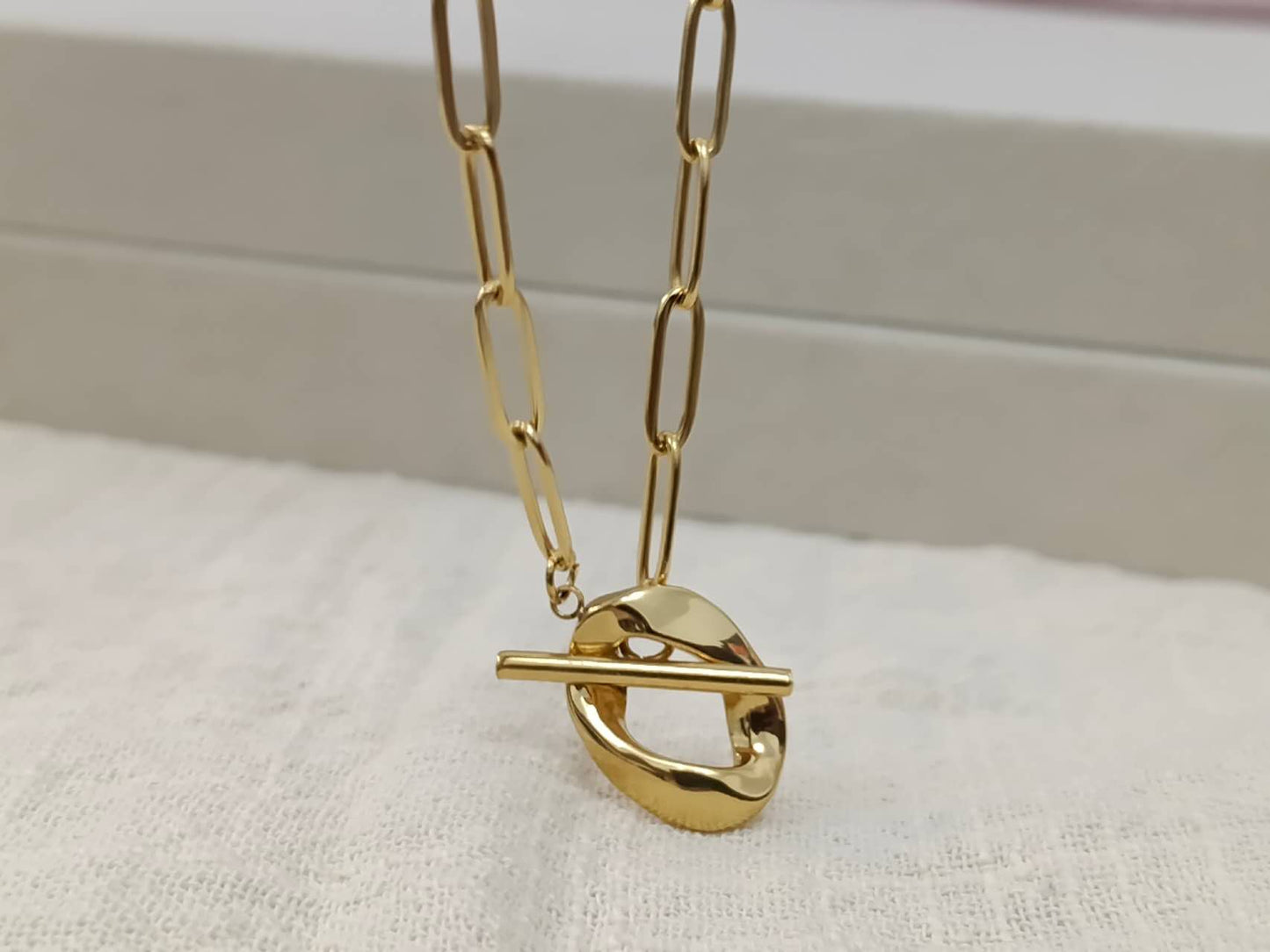 Collier paperclip fermeture T-Bar acier or 18K PVD étanche