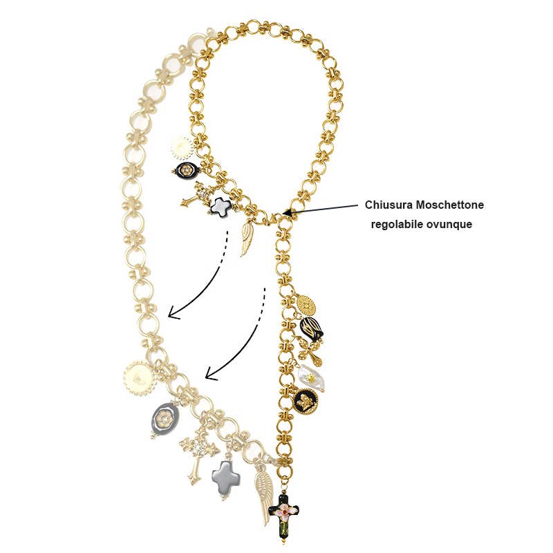 COLLIER EN Y RÉGLABLE AVEC BRELOQUES CROIX  Vert