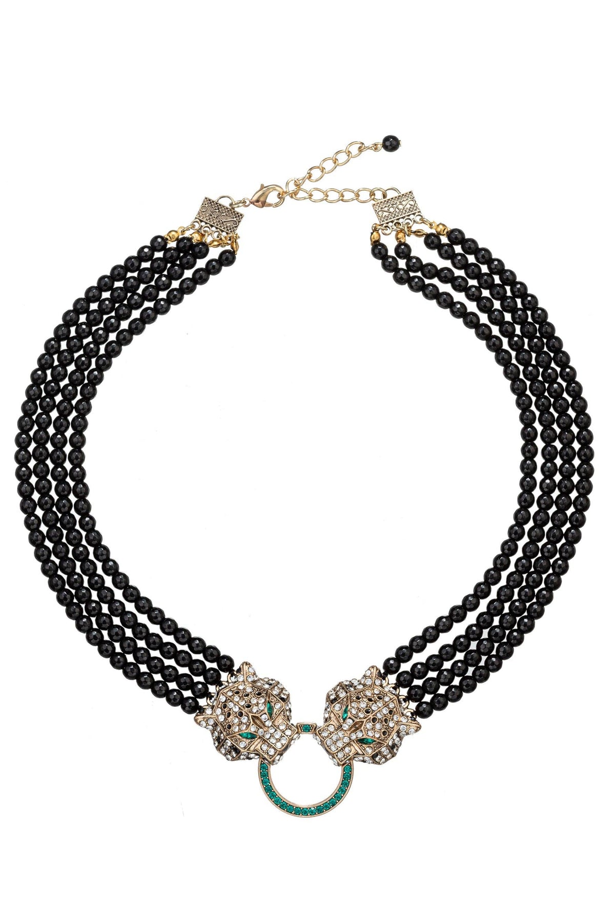 Collier Plastron Double Léopard & Perles d'Agate Noire – Cristaux Émeraude