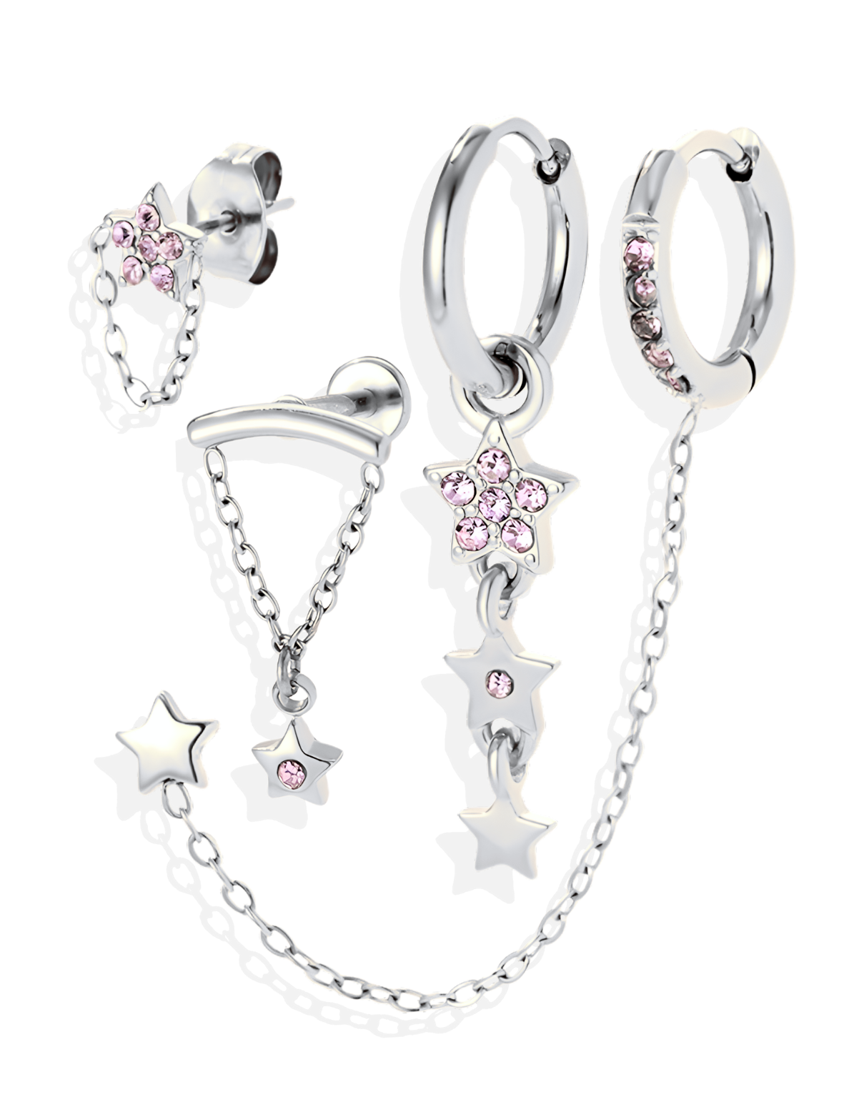 Ensemble de 4 Bijoux d’Oreilles Étoiles Argentés en Acier Inoxydable