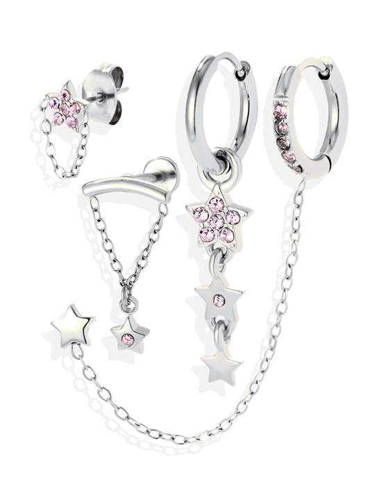 Ensemble de 4 Bijoux d’Oreilles Étoiles Argentés en Acier Inoxydable