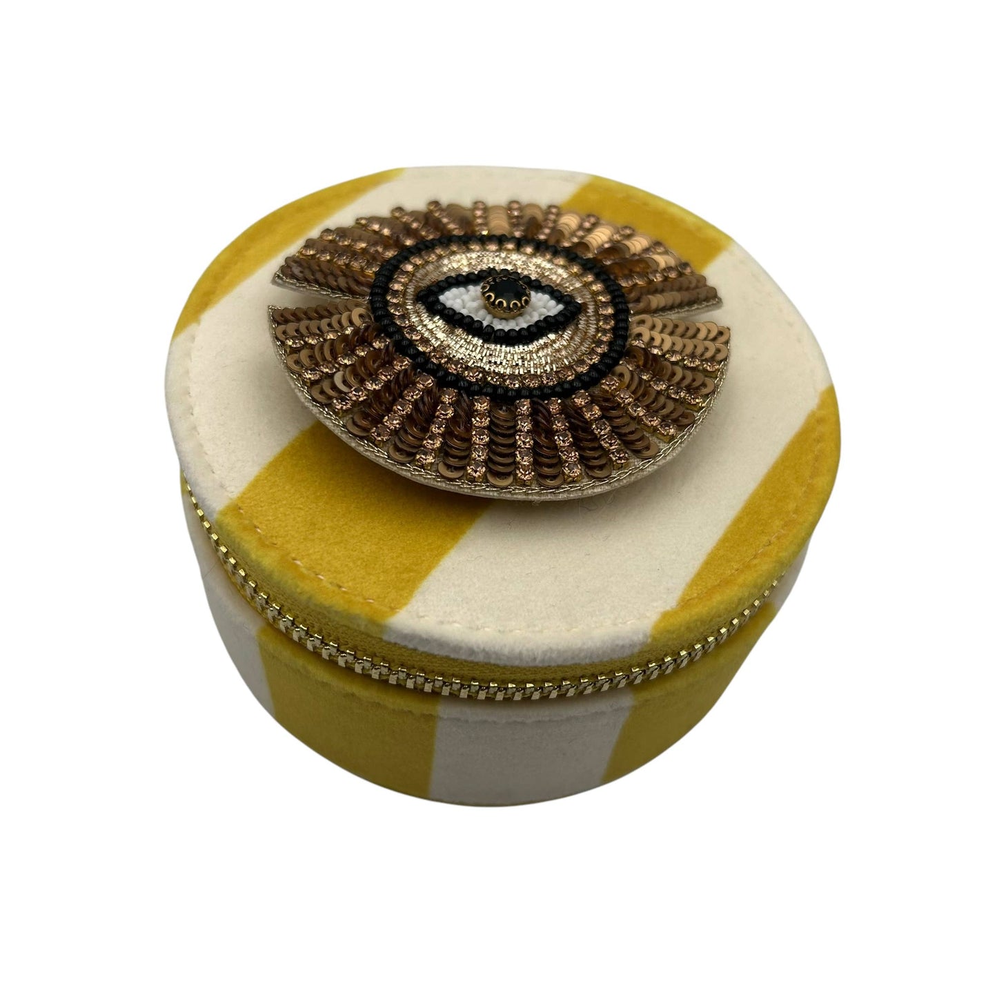Boîte à bijoux de voyage à rayures jaunes - broche rayon de soleil