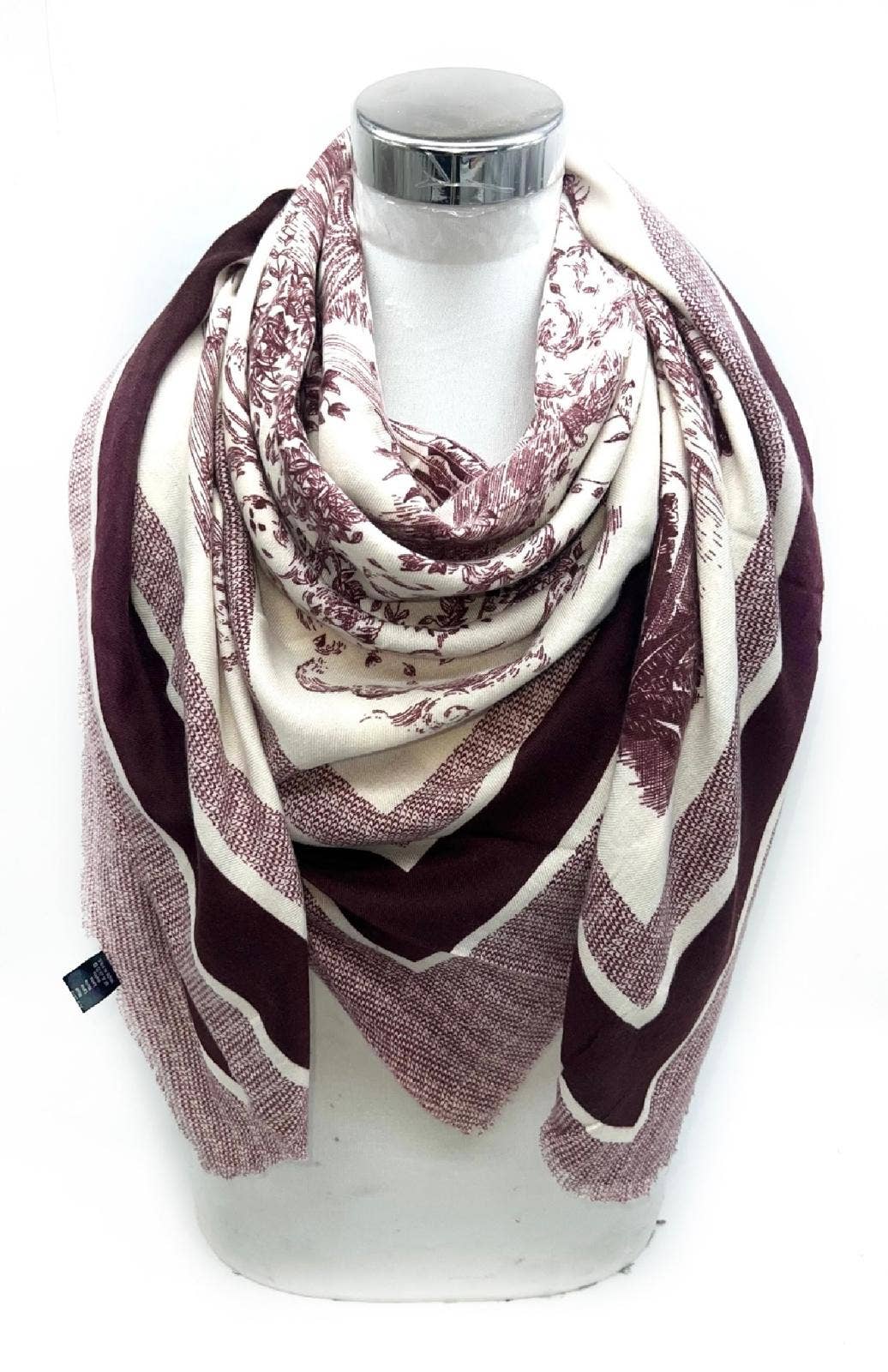 Foulard grand carré lainé motif Toile de Jouy: Bordeaux