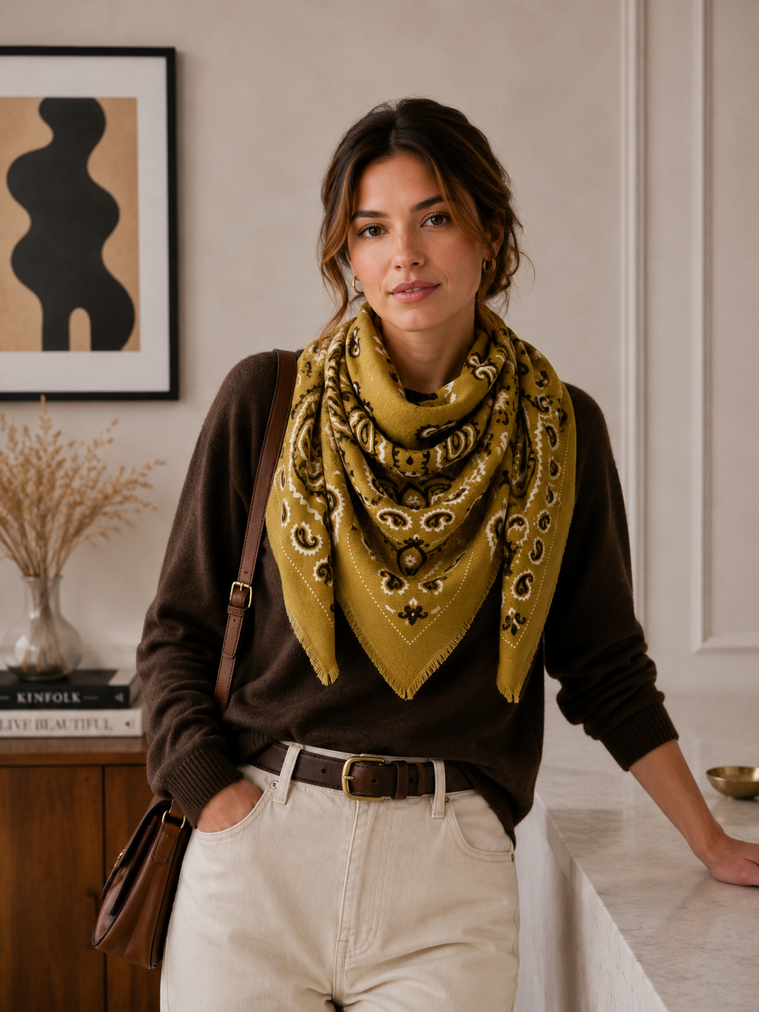 Echarpe Grand Carré Lainé Bandana: Jaune – photo principale – Miss Cappuccino