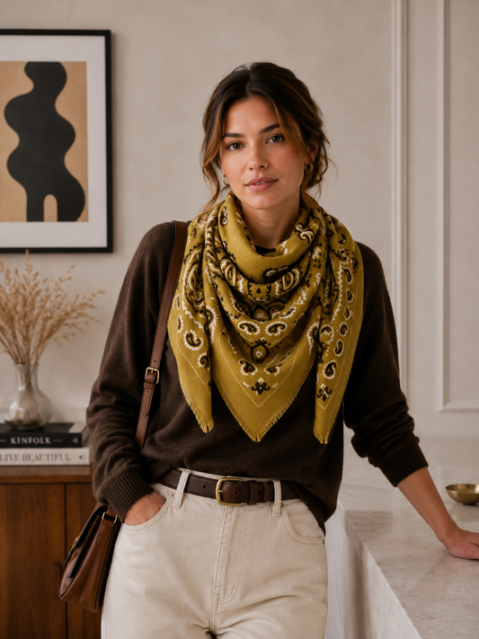 Echarpe Grand Carré Lainé Bandana: Jaune – photo principale – Miss Cappuccino