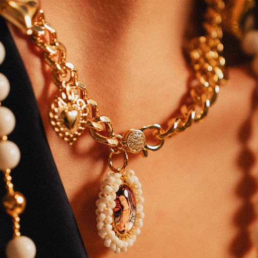 Collier Ras-du-Cou Vierge et Cœurs | Chaîne Épaisse Plaquée Or 18K