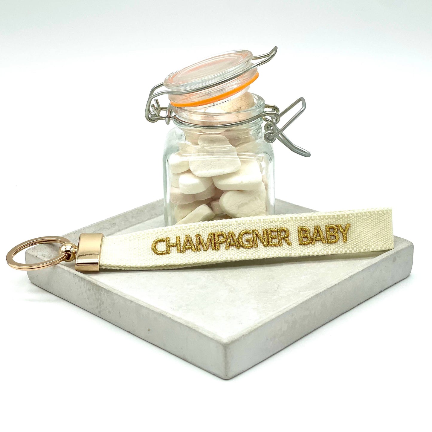 Porte-clés CHAMPAGNE BABY, tissé brodé
