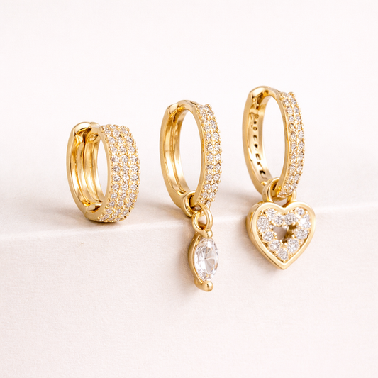 Cara – Ensemble 3 Bijoux d’Oreilles Blanc & Or