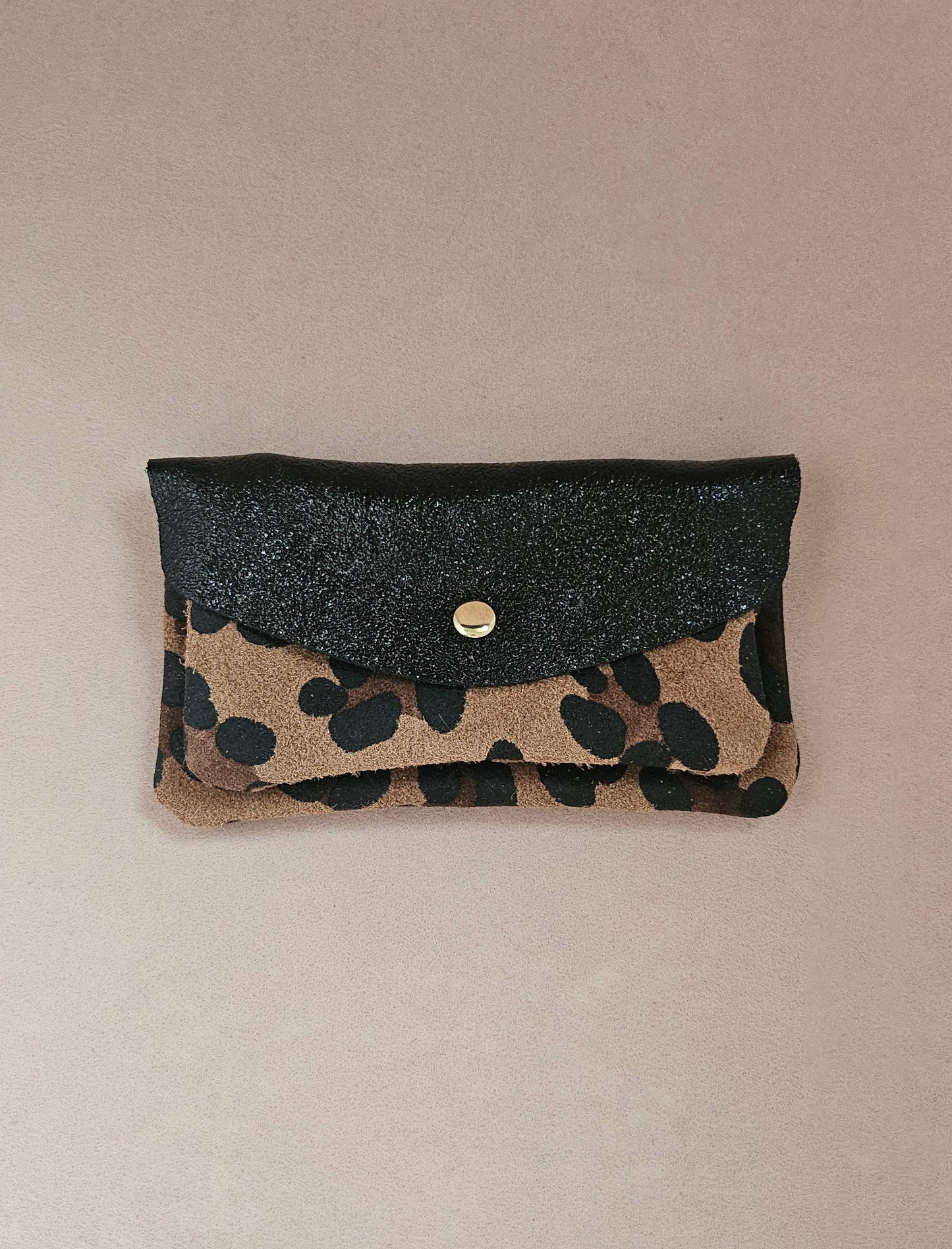 Pochette cuir double poches léopard: Taupe/léopard