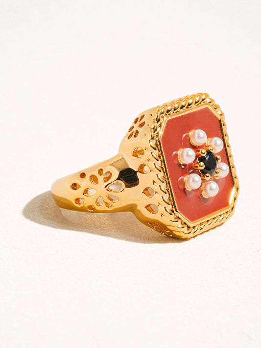 Bague vintage réglable en émail rouge et plaquée or 18 carats: Rouge