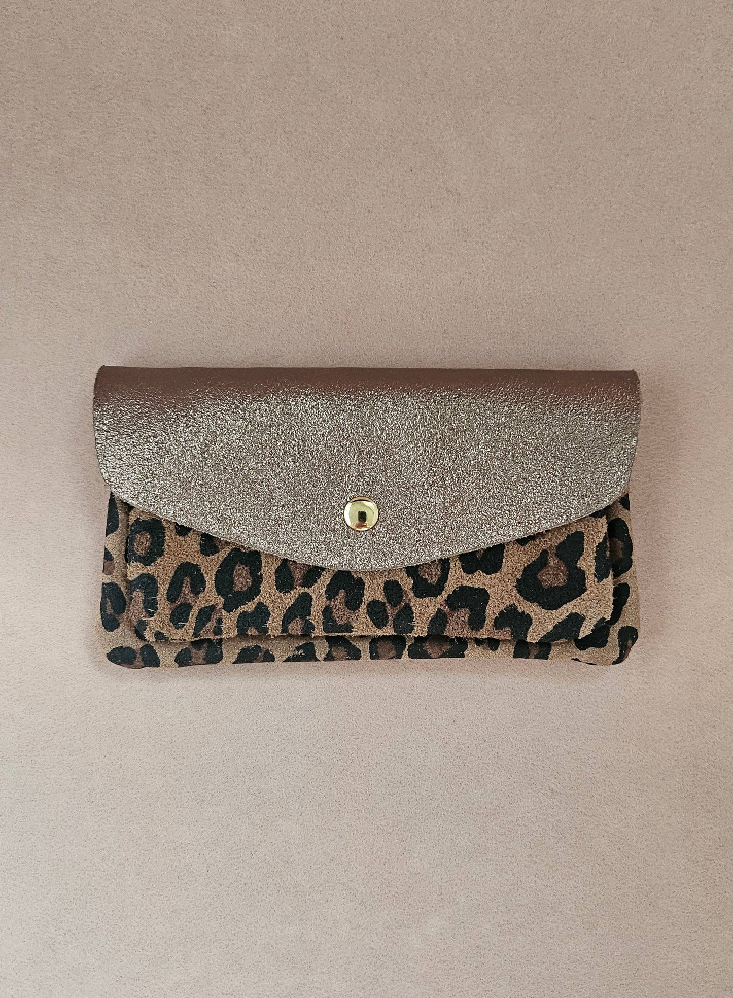 Pochette cuir double poches léopard: Taupe/léopard