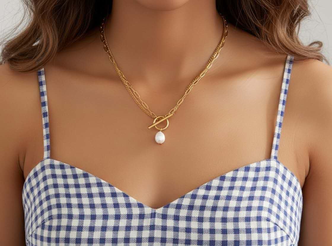 Collier double chaîne perle fermoir T-bar acier doré PVD 18K: Modelo 1