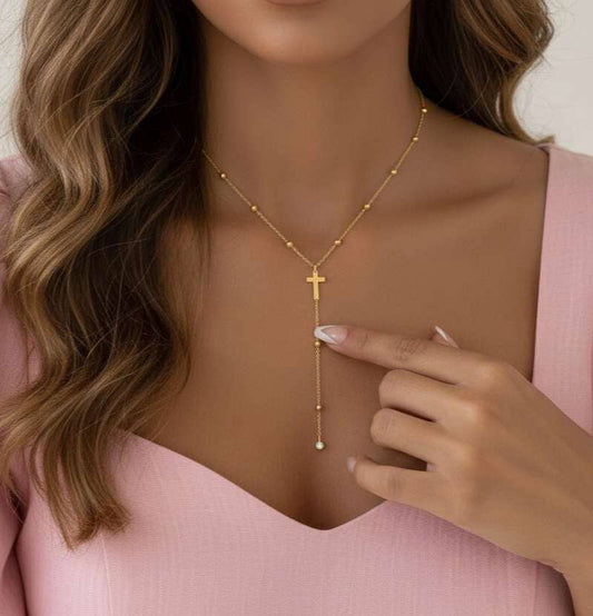 Collier ajustable en Y, croix et zircone, acier, or 18K PVD