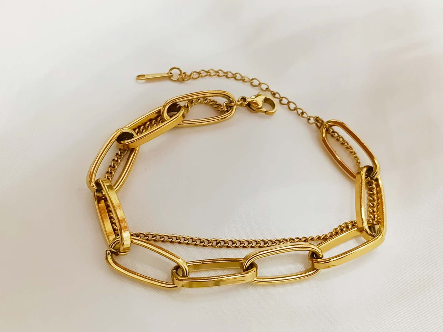 Bracelet large double chaîne à clip en acier doré 18K PVD