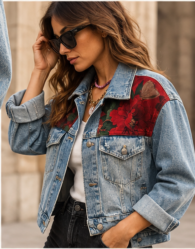 Vue de côté de la veste en jean oversize personnalisée Miss Cappuccino, pièce unique