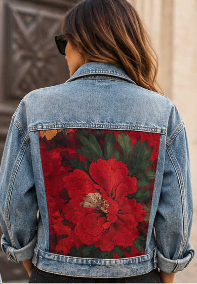 Dos de la veste en jean oversize personnalisée Miss Cappuccino, avec motif floral