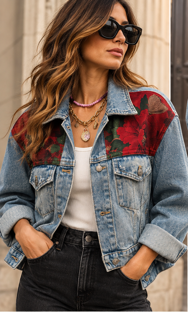 Vue d’ensemble de la veste en jean oversize personnalisée Miss Cappuccino, pièce unique