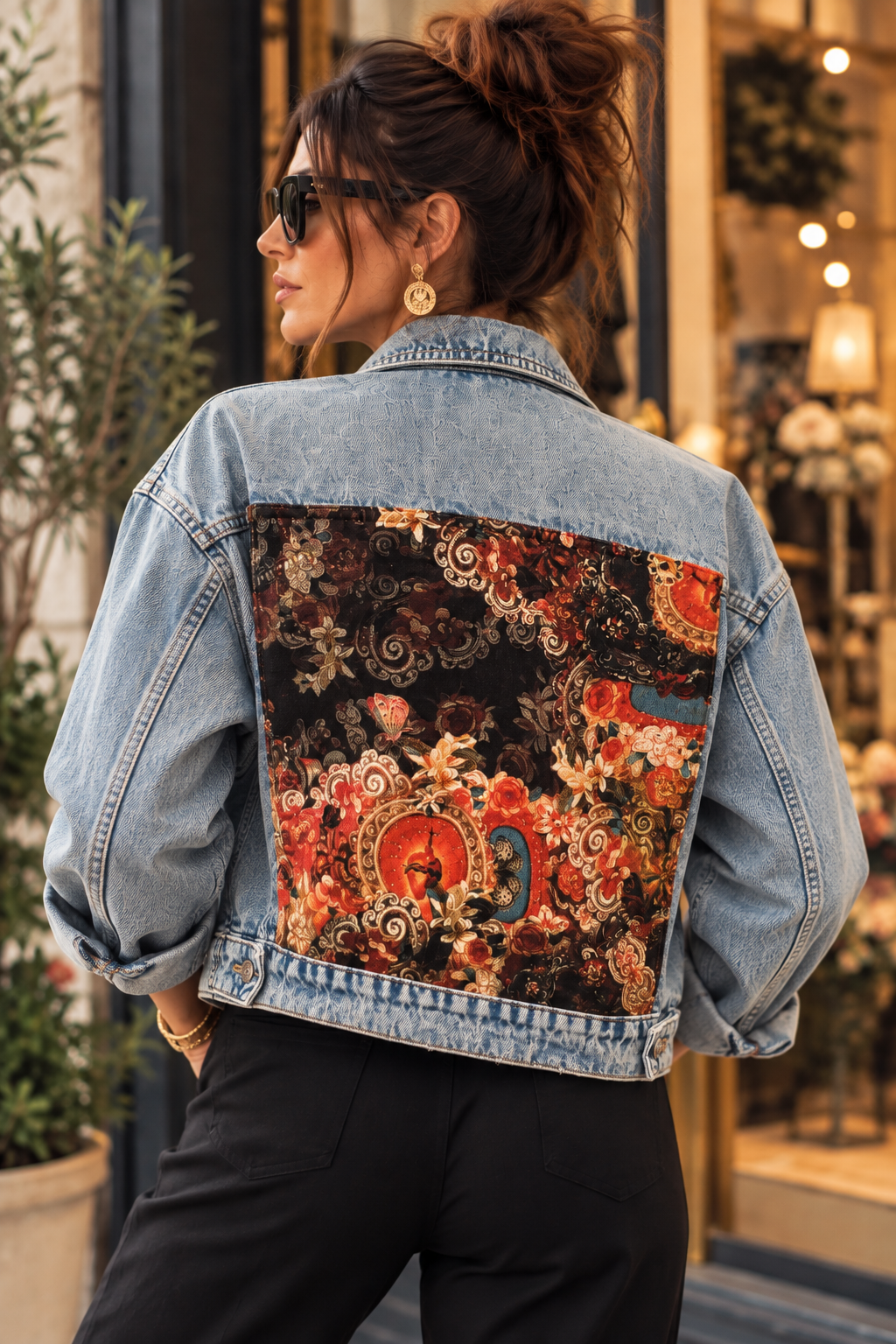 Veste en jean oversize personnalisée – pièce unique Miss Cappuccino x Voglio Bene – vue de dos sur modèle