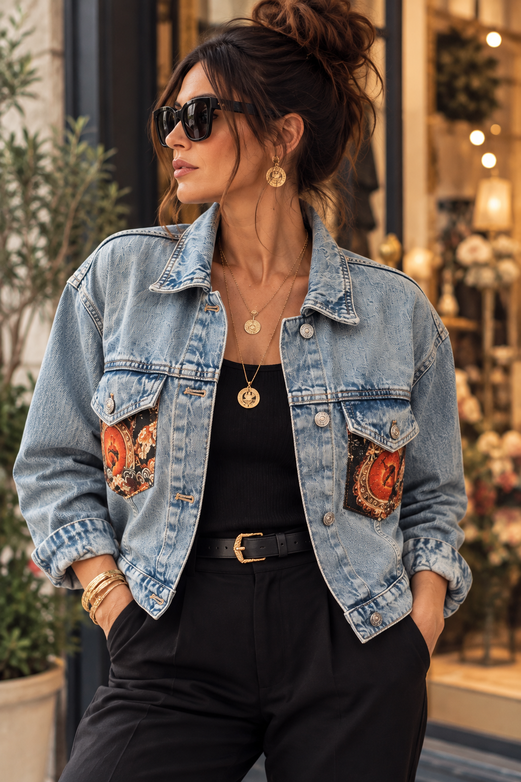 Veste en jean oversize personnalisée – pièce unique Miss Cappuccino x Voglio Bene – portée de face sur modèle